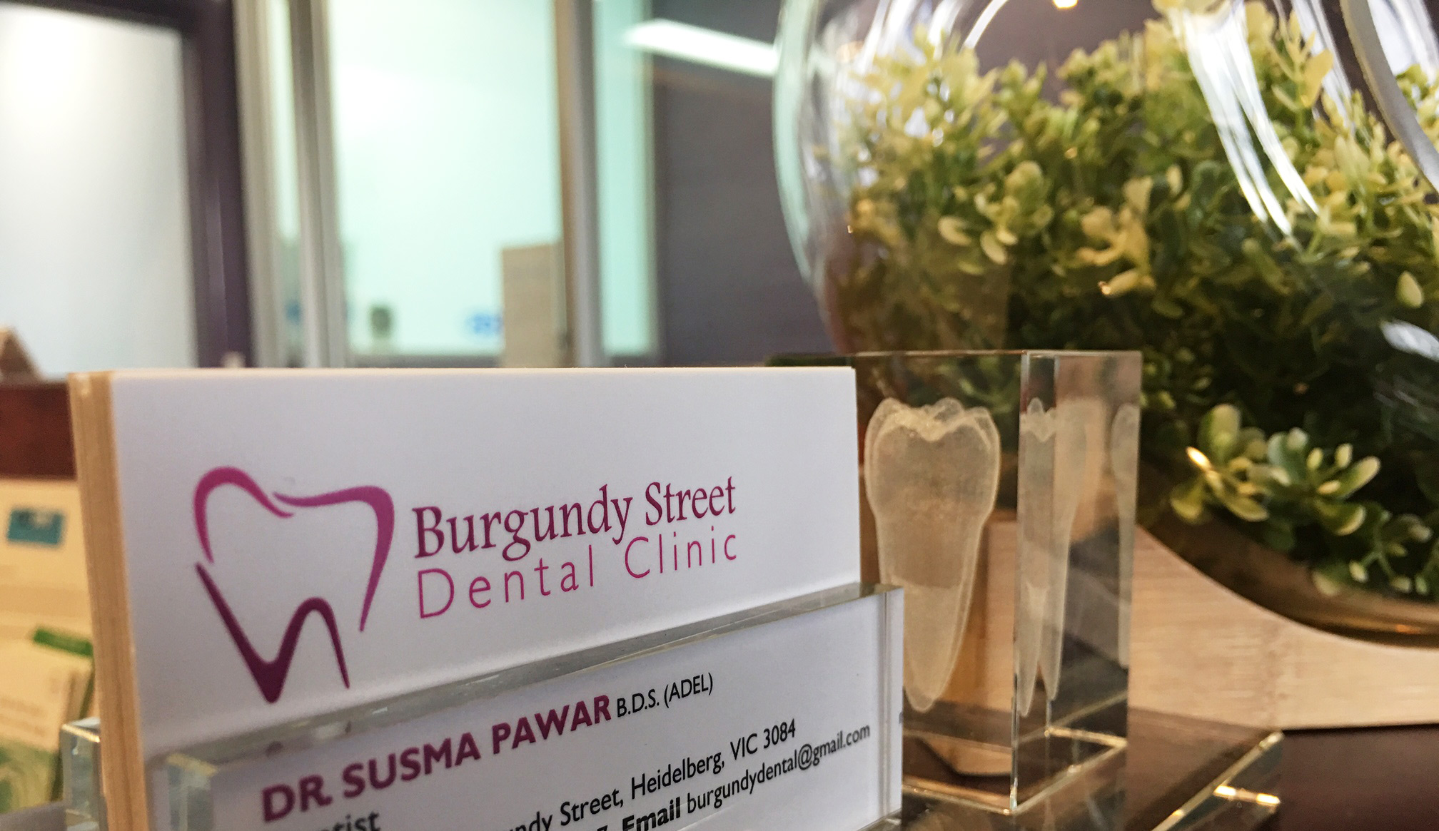 The reception desk at Burgundy Street Dental Clinic